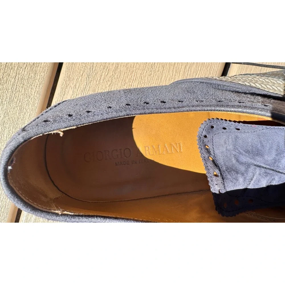 Giorgio Armani Mens Woven Suede Leather Wingtip Oxford Shoes Navy Made in Italy